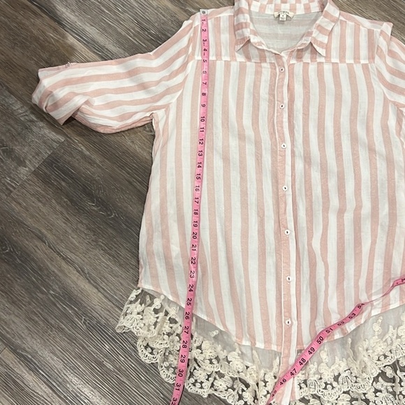Umgee powder pink and white stripe long sleeve button down lace trim M - Picture 8 of 9